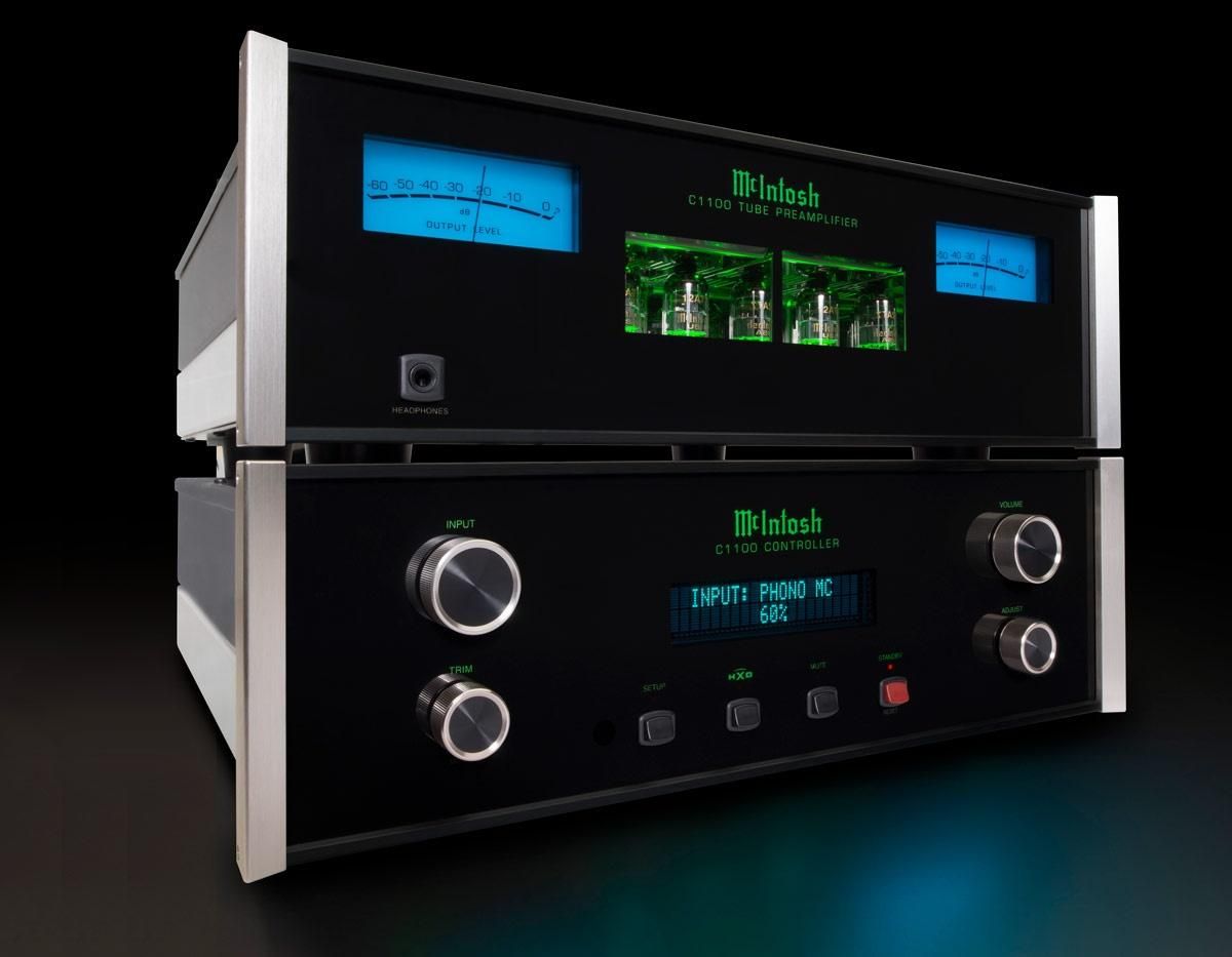 McIntosh C1100 tube preamp in black with gray handles and blue screens
