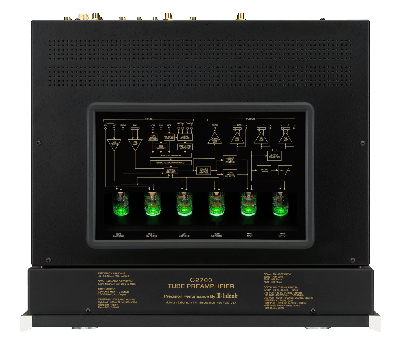 Back of a McIntosh C2700 tube preamp in black showing diagram