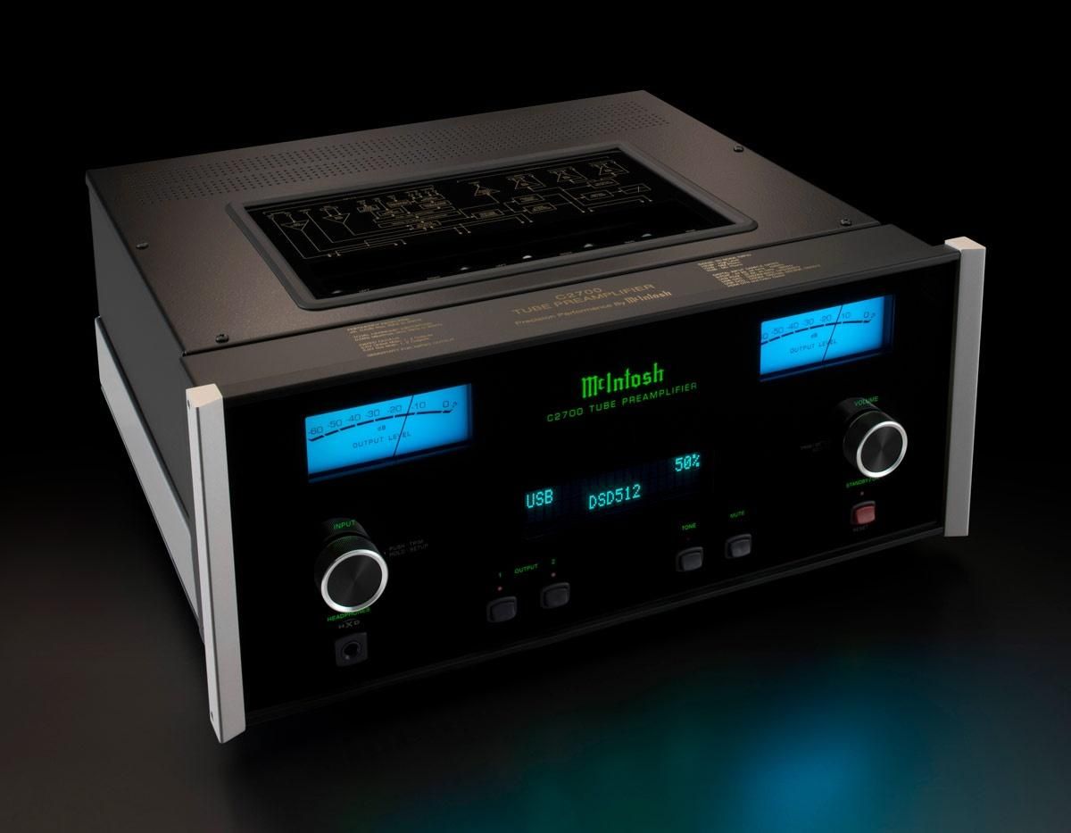 McIntosh C2700 tube preamp in black with gray handles and blue screens