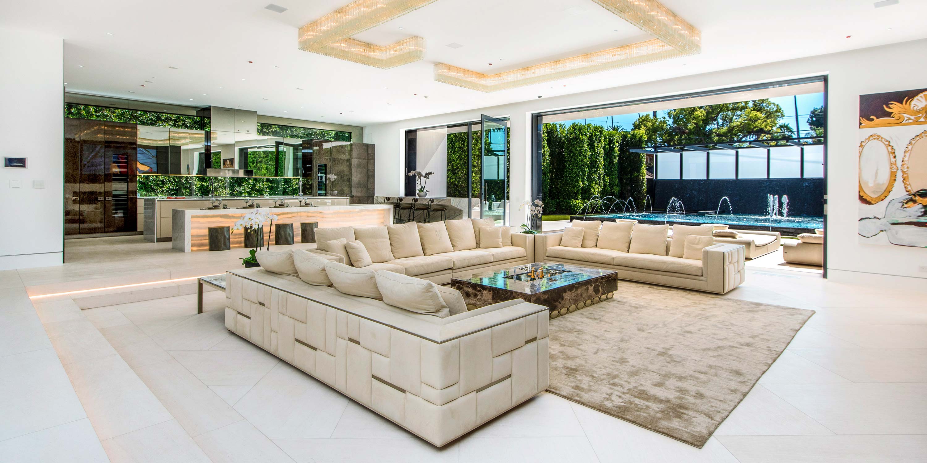 Living room mansion white floors white couch