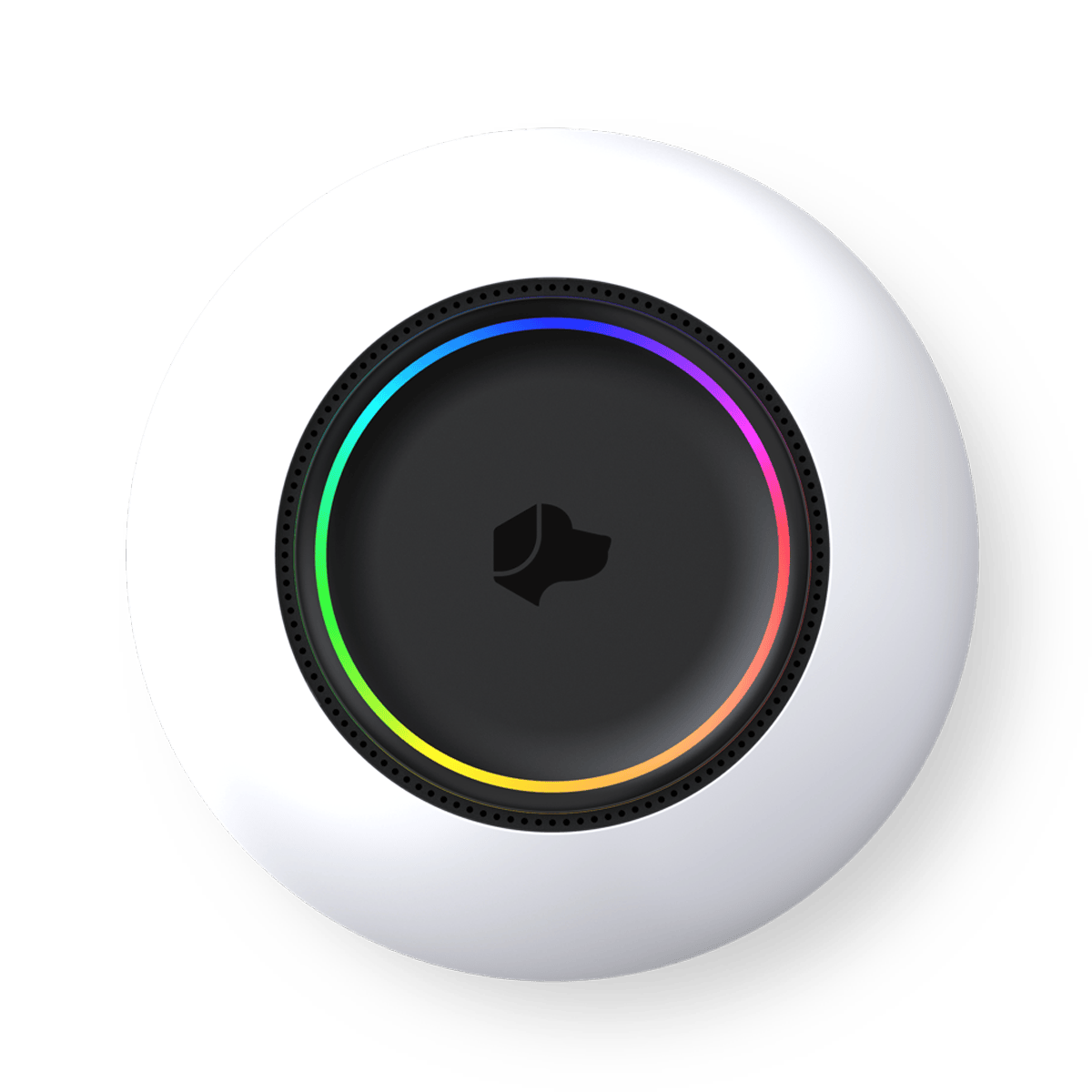 A top view of the Josh AI voice control device, a white circular gadget with a black center featuring a dog logo and a surrounding multicolored LED ring.