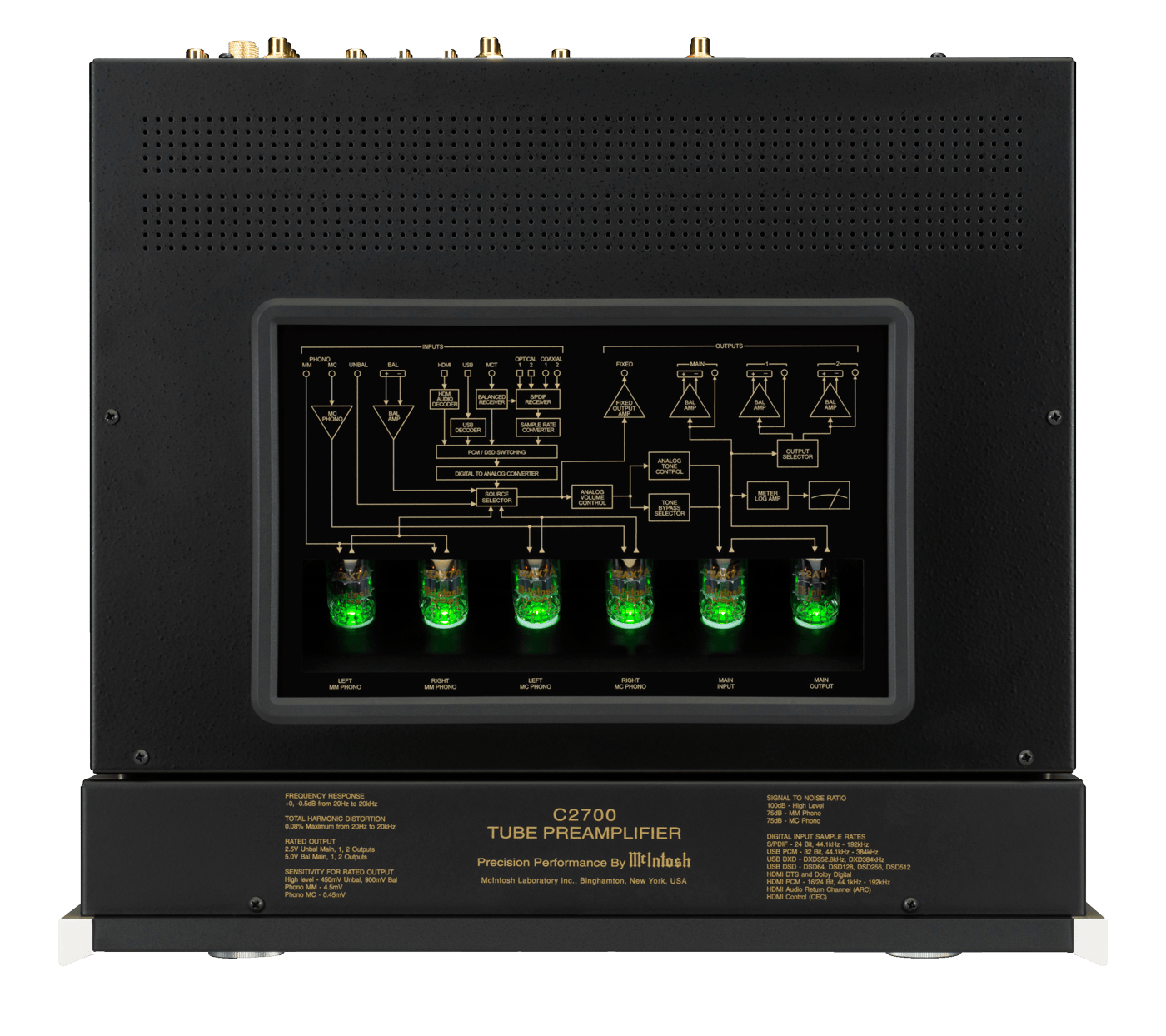 Back of a McIntosh C2700 tube preamp in black showing diagram