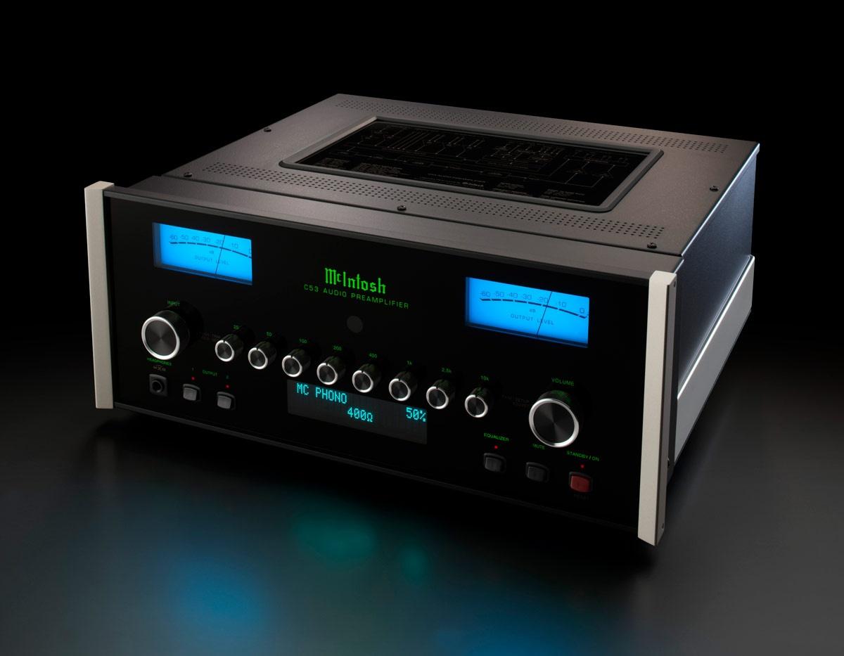 McIntosh C53 preamp in black with gray handles and blue screen