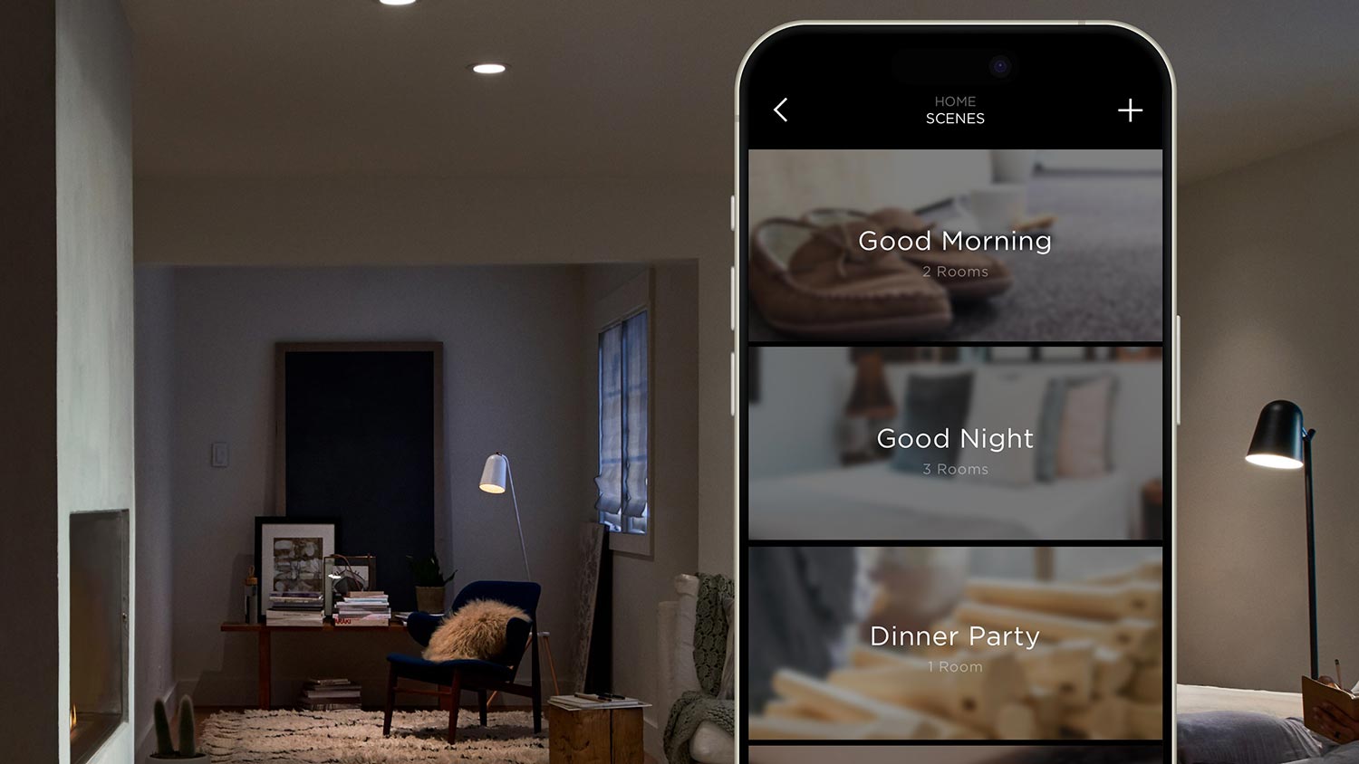 Smartphone app displaying home lighting scenes over a dimmed interior living space