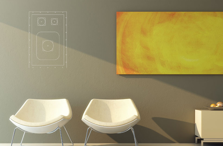 Minimalistic room with two modern white chairs, a yellow abstract painting, and an outlined blueprint of an invisible Sonance speaker on the wall.