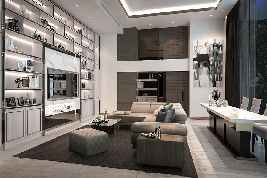 Stylish living space with layered lights and large windows for daylight