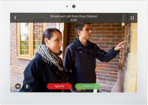 A man and a woman knocking on the door on a surveillance camera interface.