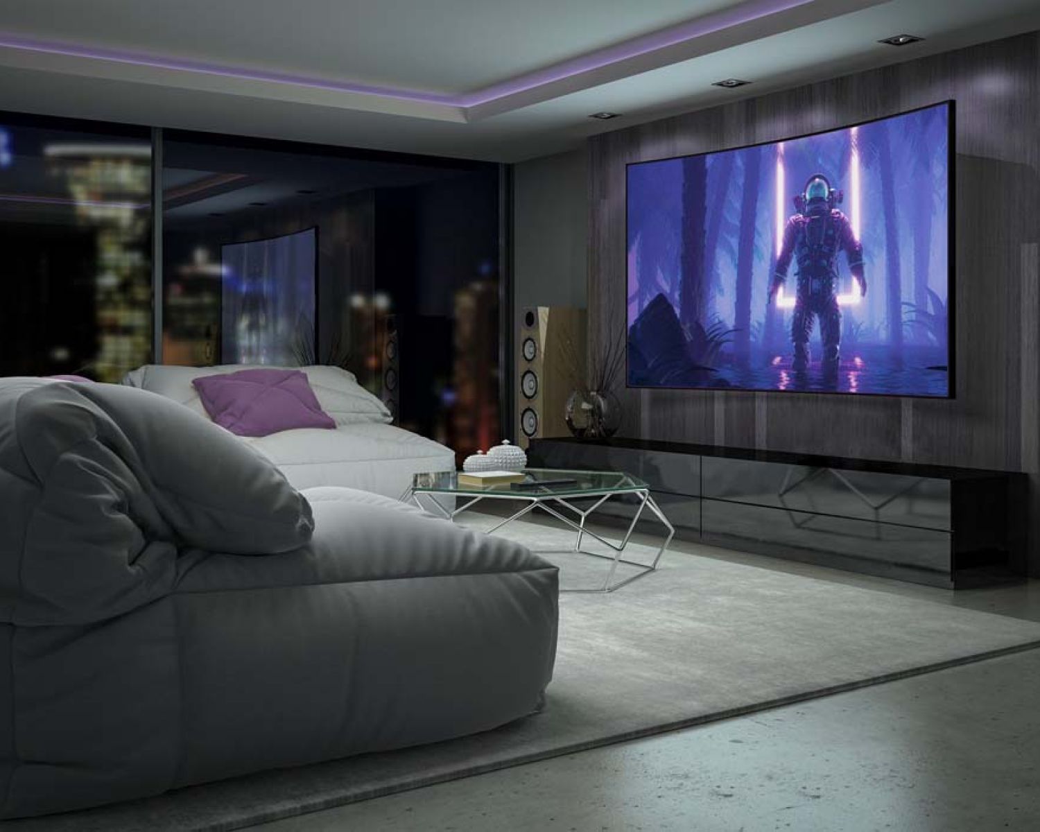 Purple image on large screen tv mounted on wall in loft