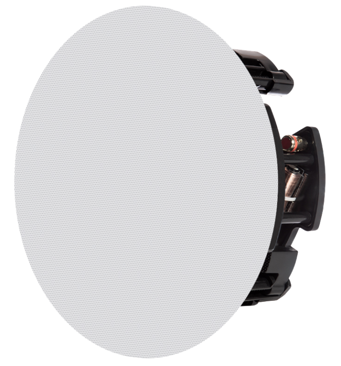 Close-up of a round Sonance in-ceiling speaker, showcasing its minimalist design and white grille.