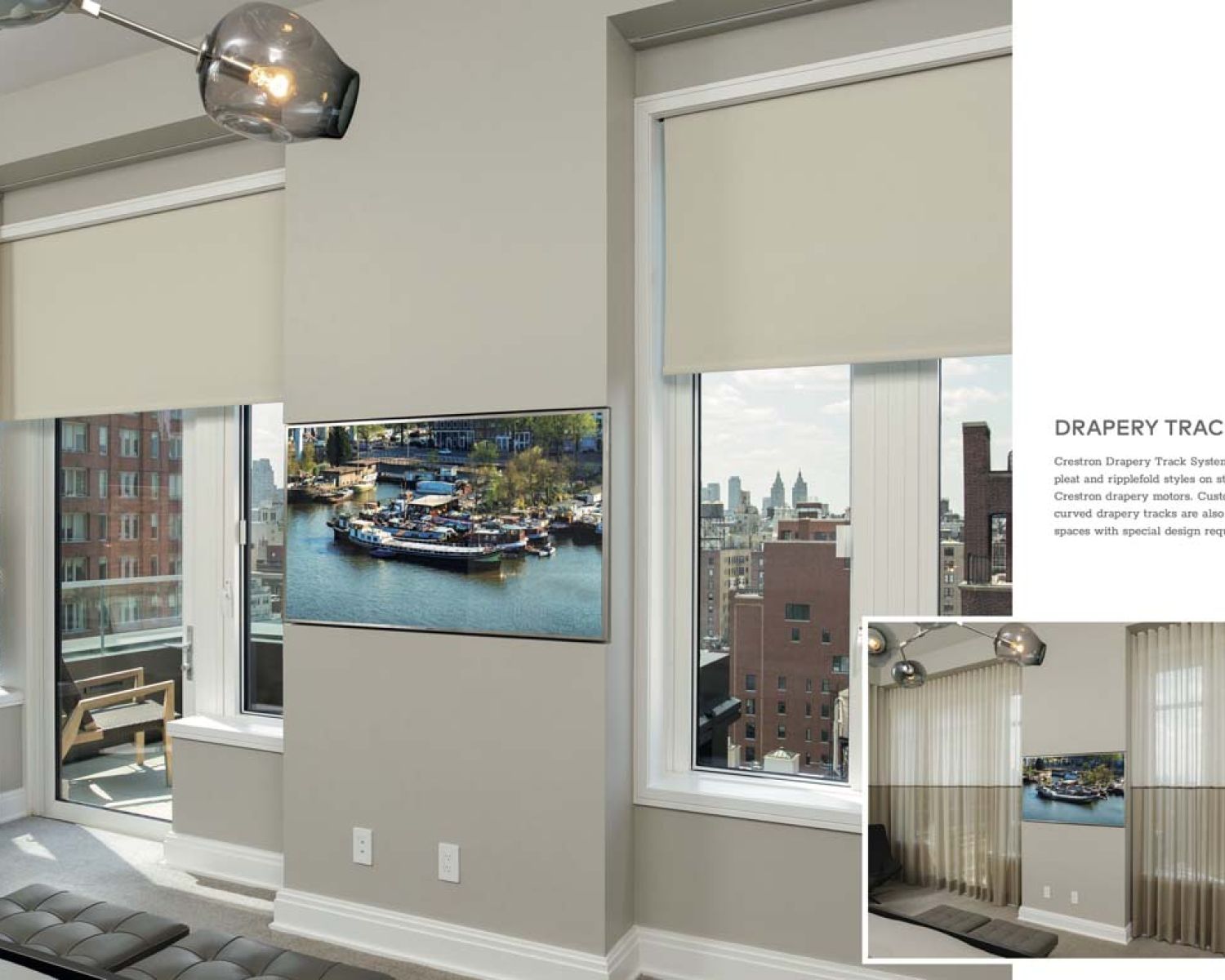 motorized shades in a beige room with a television mounted