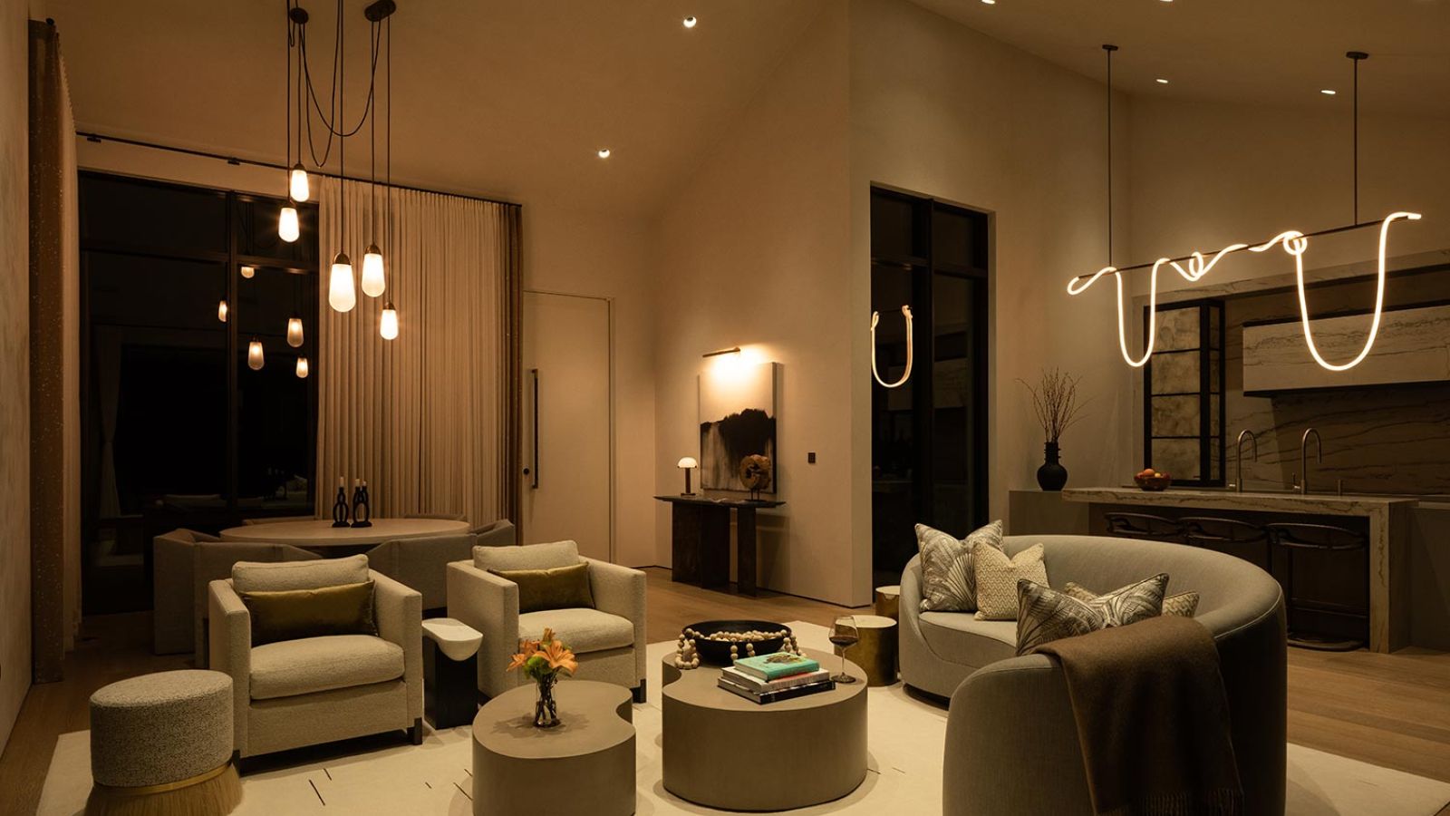 Elegant living room with modern lighting and soft seating