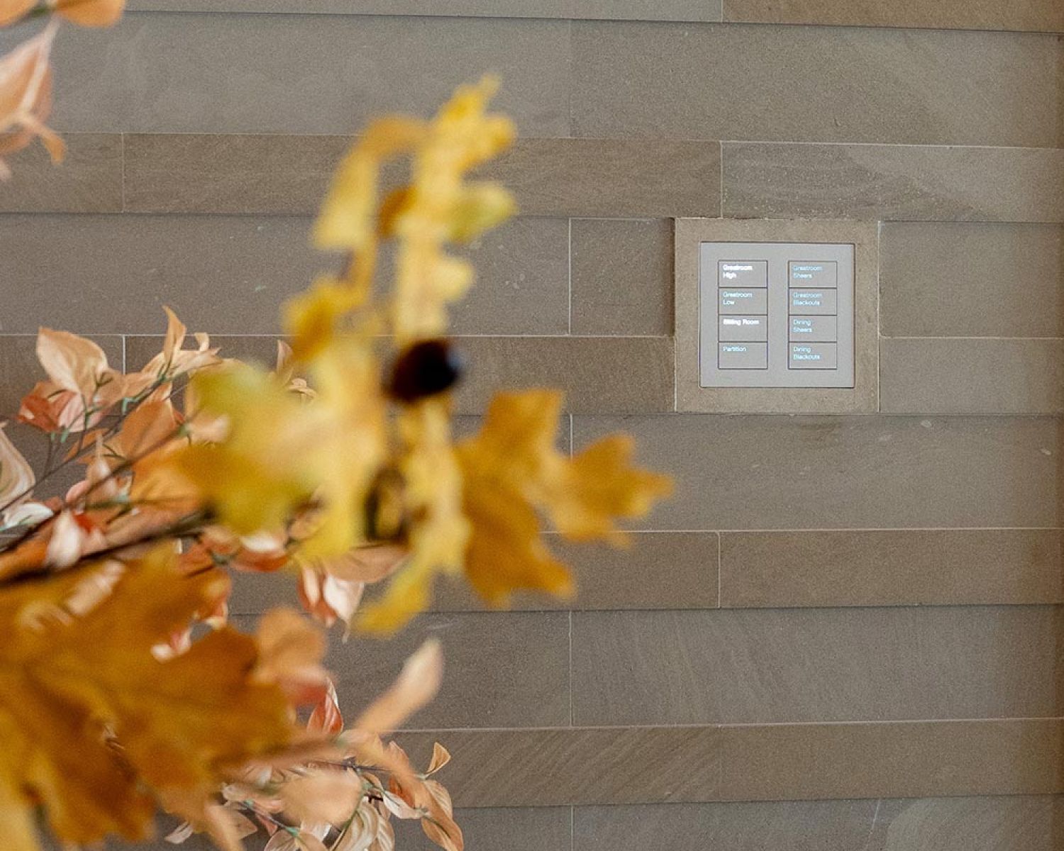 Keypad visible on textured stone wall with soft focus foreground