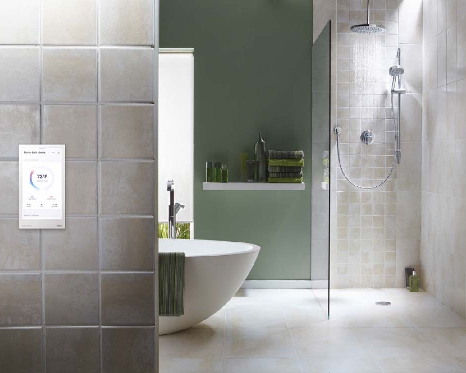 touch panel in bathroom on wall with crestron interface