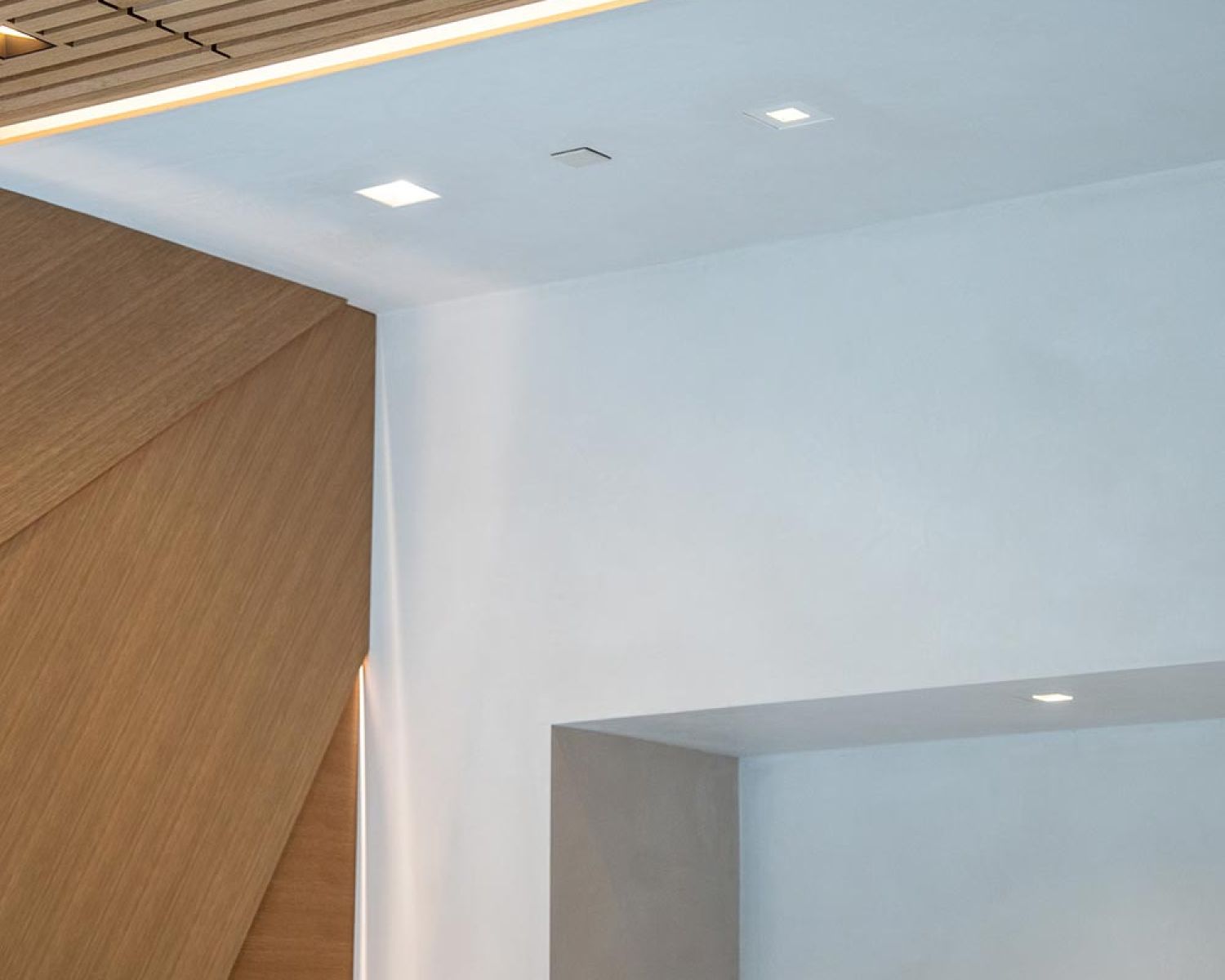 Wood slat ceiling with recessed lighting and linear accent light