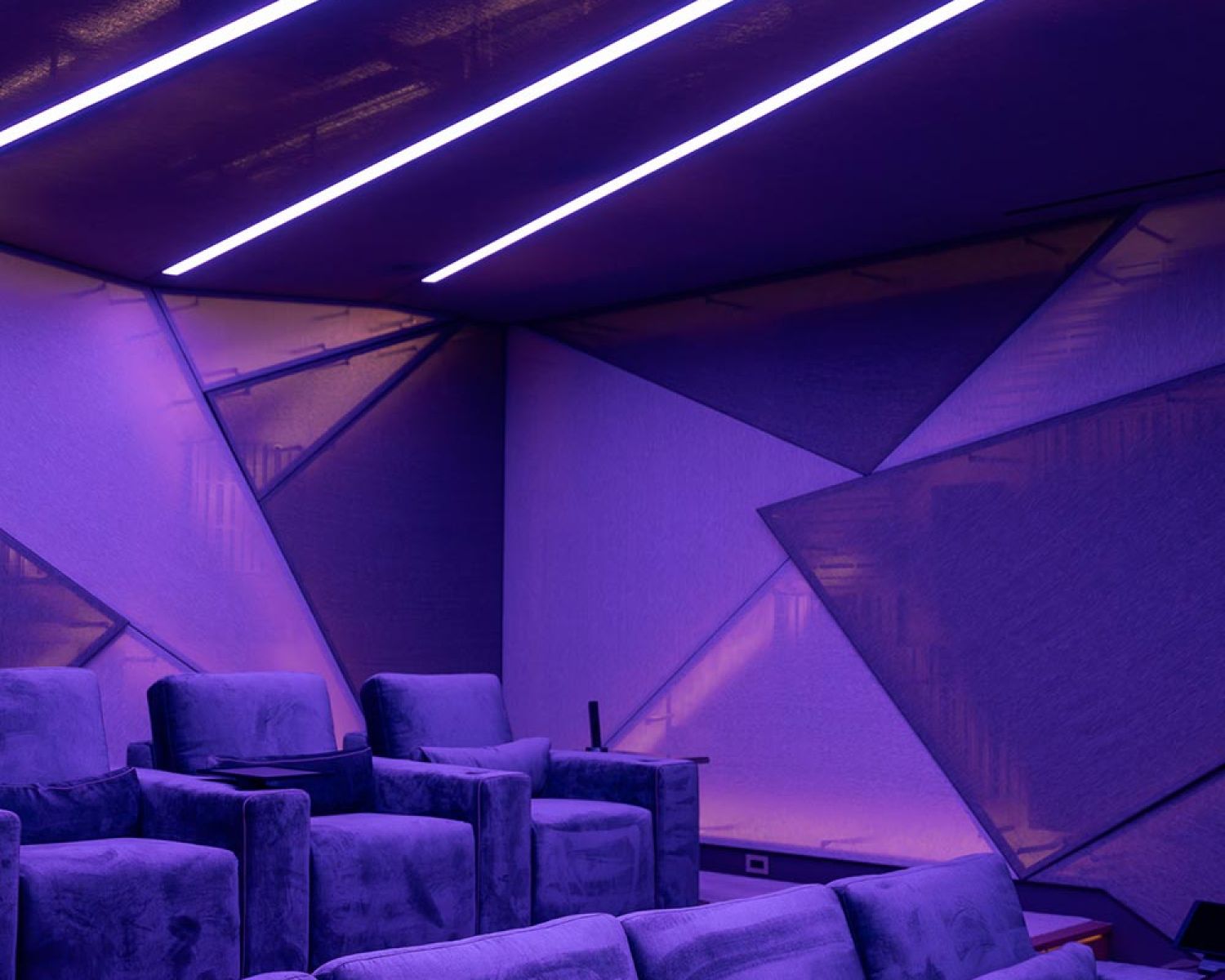 Home theater with purple accent lighting and plush seating