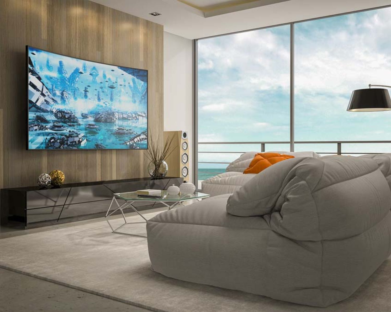 Television mounted on wall with high performance audio