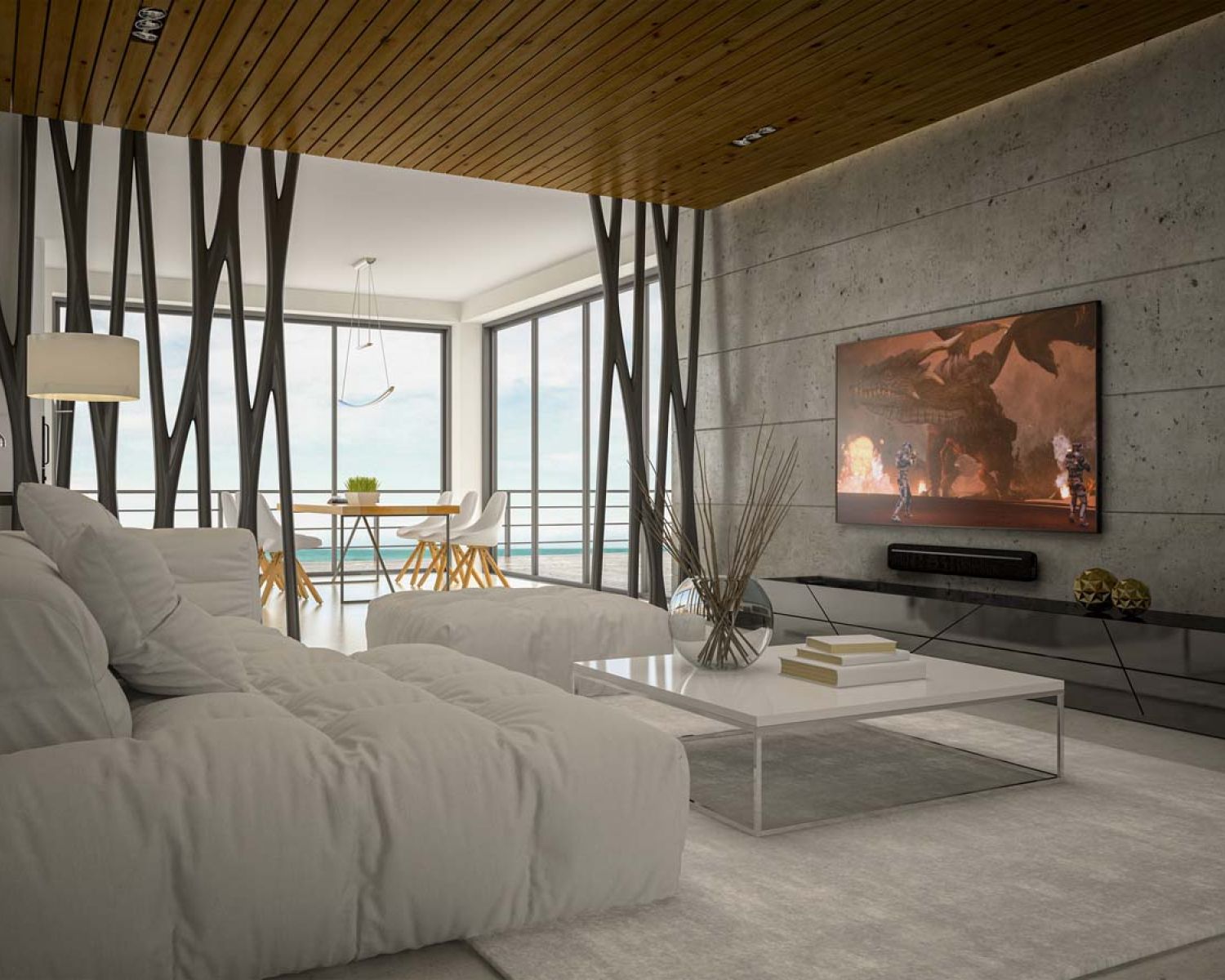 Television mounted on wall with soundbar and wooden slatted ceiling