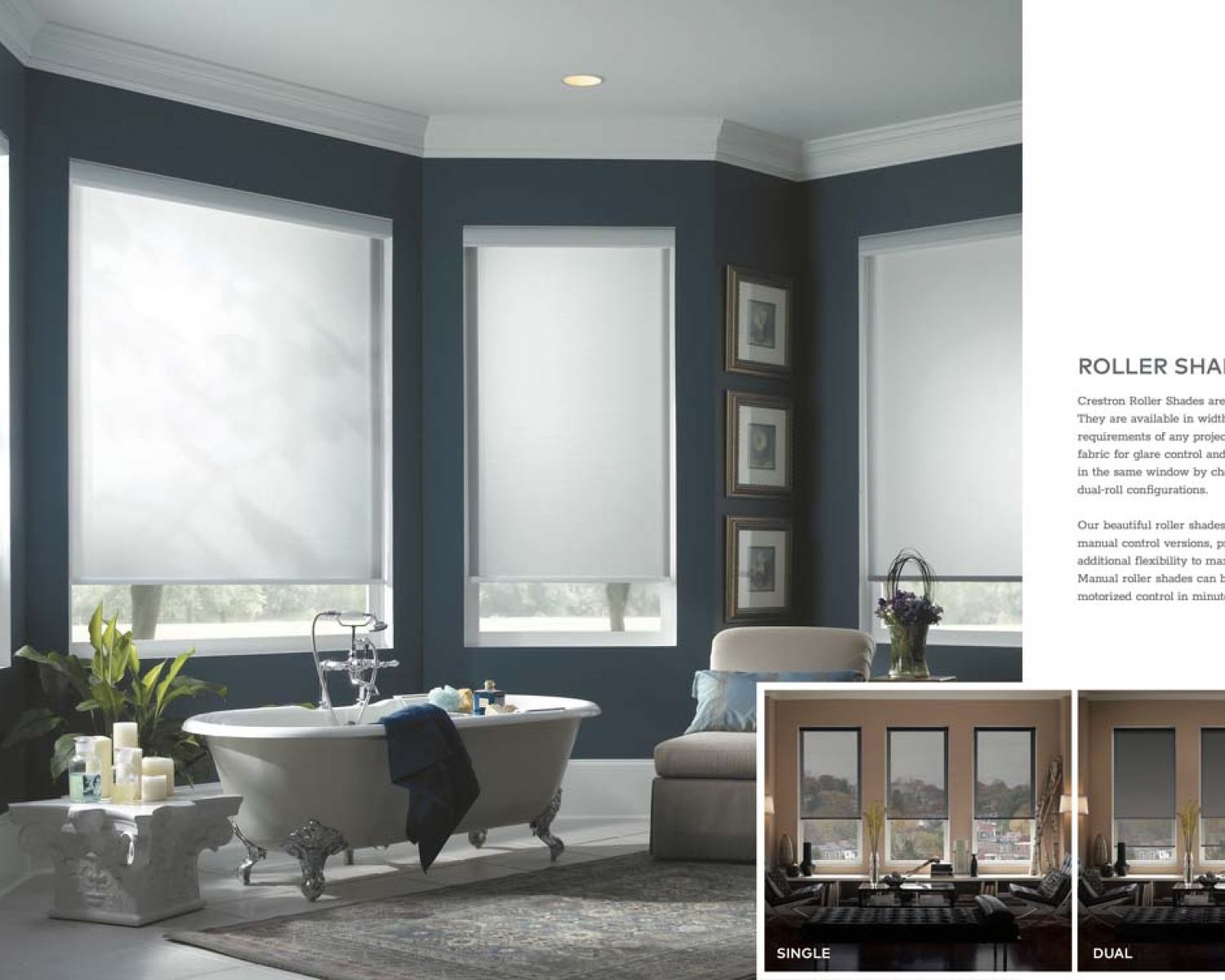 Crestron Motorized Shades in a blue restroom